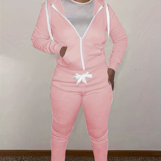  Sporty Outfit Set Women Solid Long Sleeve Zipper Front