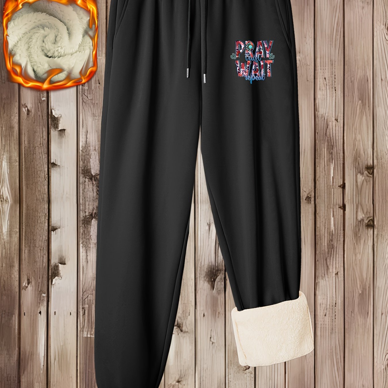  Art Letter Print Liner Fleece Joggers With Pockets