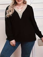  Colorblock Lace Long Sleeve V Neck Sweater