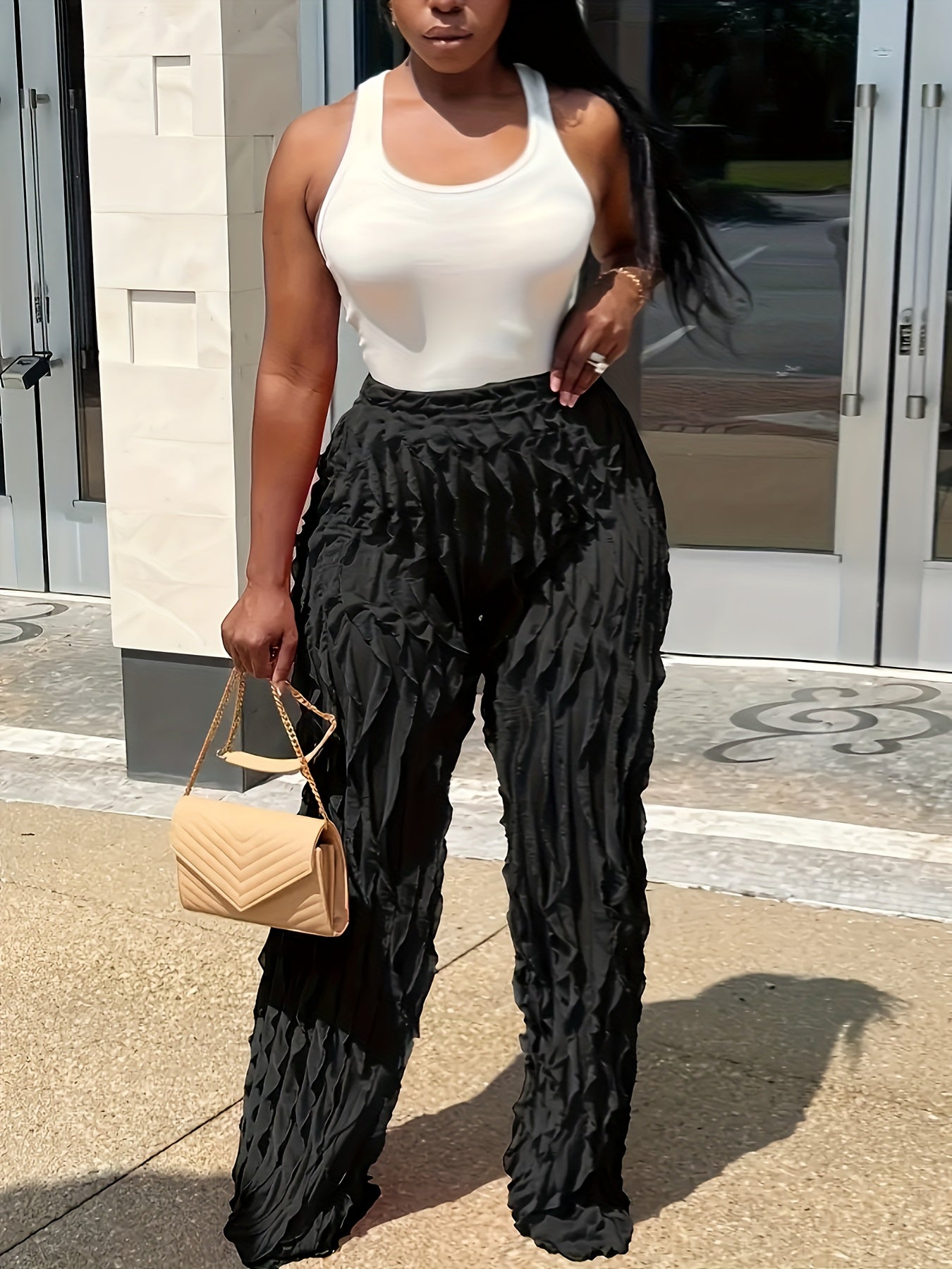  Solid High Rise Wide Leg Ruffle Trim Pants