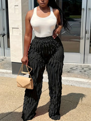  Solid High Rise Wide Leg Ruffle Trim Pants