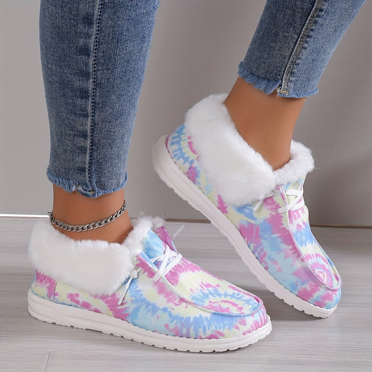 Women's Plush Lined Canvas Shoes Tie Dye Slip On Fuzzy Snow Boots