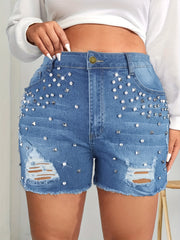  Rhinestone Studded Ripped Denim Shorts