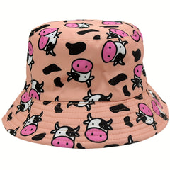 Versatile Sunshade Bucket Hat Cow Cartoon Print Unisex Daily Shopping