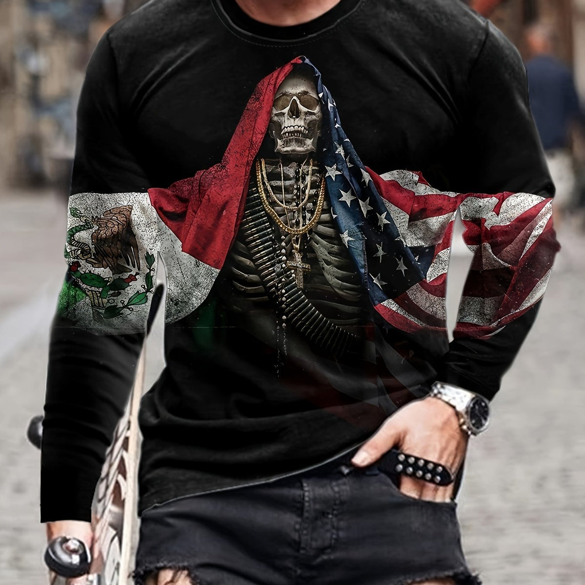 Skeleton Print Men's Long Sleeve Tee for Autumn