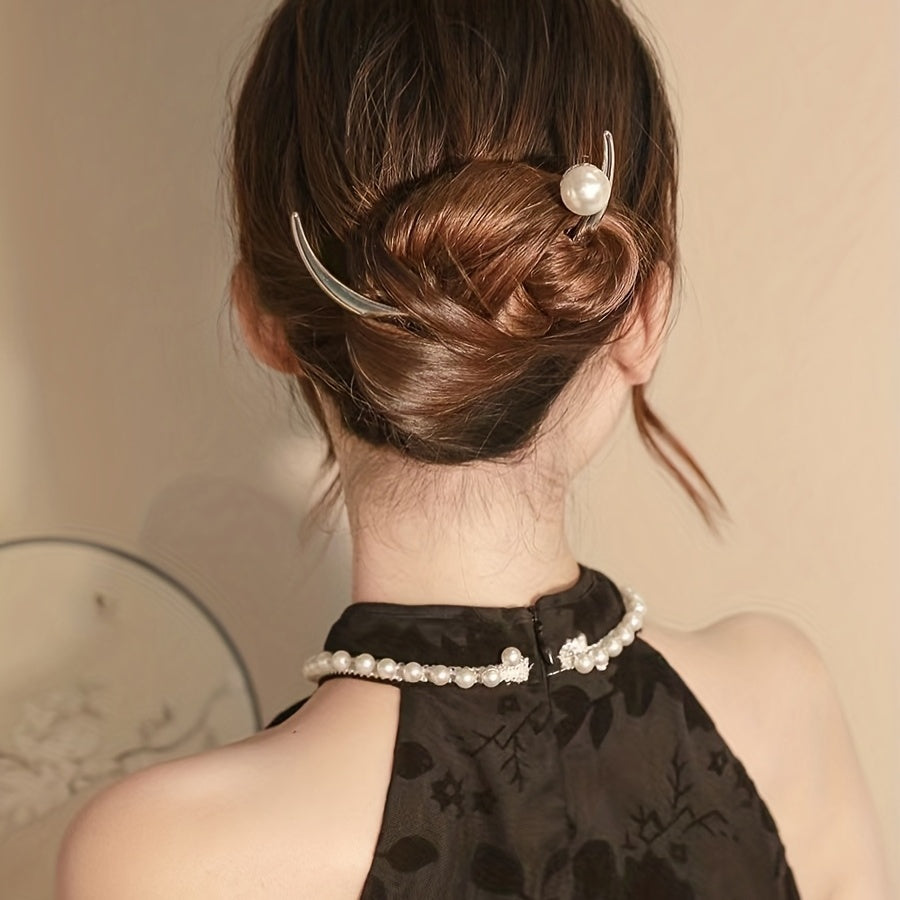 Moon Shape Faux Pearl Hairpin Vintage Hair Jewelry Accessory
