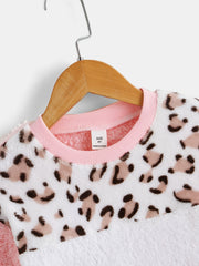 Girl's Plush Sweater With Leopard Print Crew Neck Fleece Sweatshirt