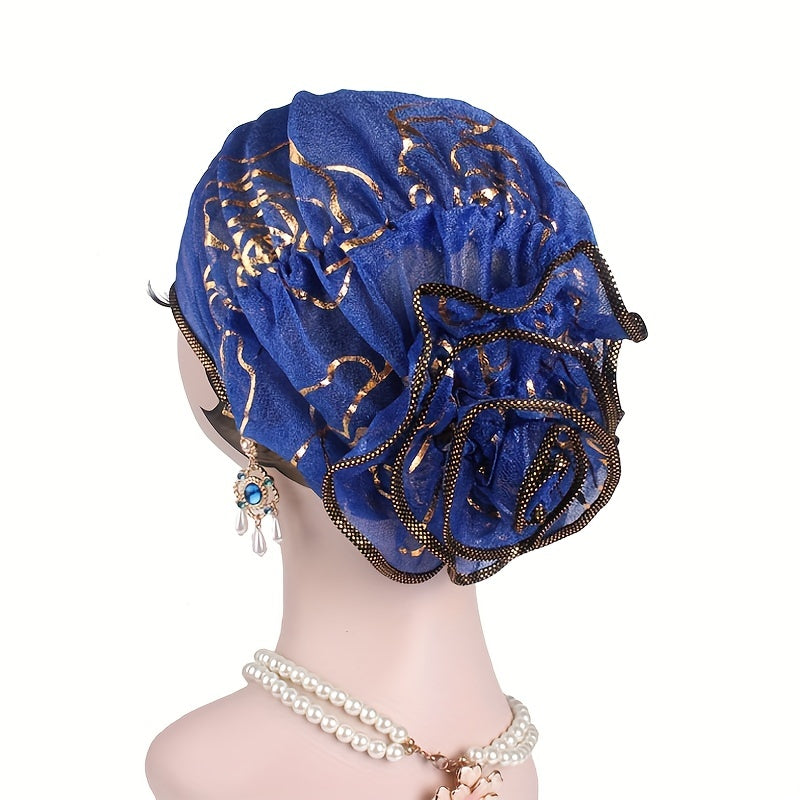 Ruffles Plate Flower Turban Cap Head Wrap Elastic Bonnet Head Scarf