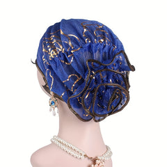 Ruffles Plate Flower Turban Cap Head Wrap Elastic Bonnet Head Scarf