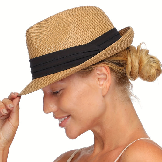 Short Brim Sun Hat Foldable Straw Jazz Hat Fedora Cap Outdoor Beach Hat