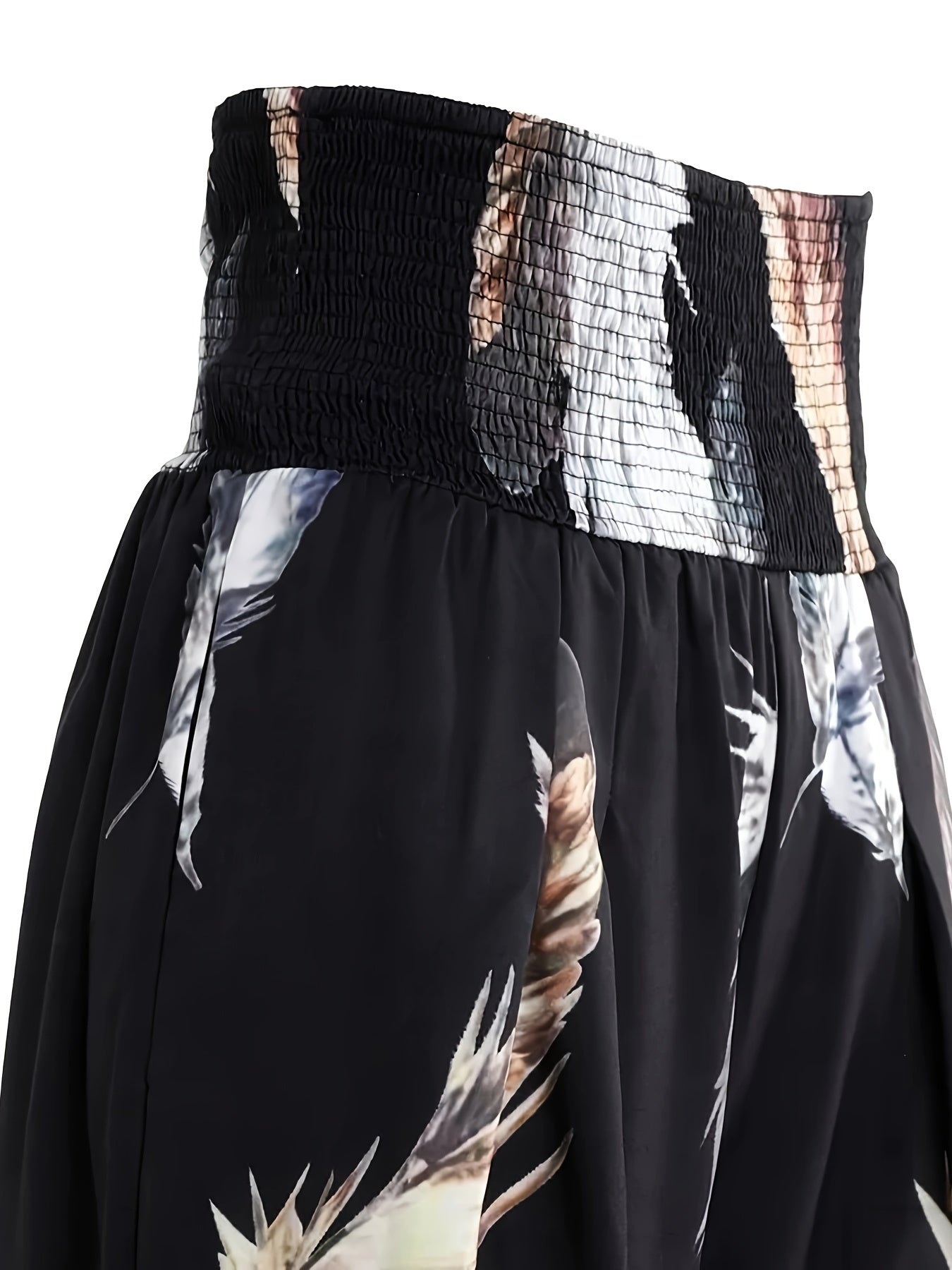 Feather Print Shirred Waist Wide Leg Trousers