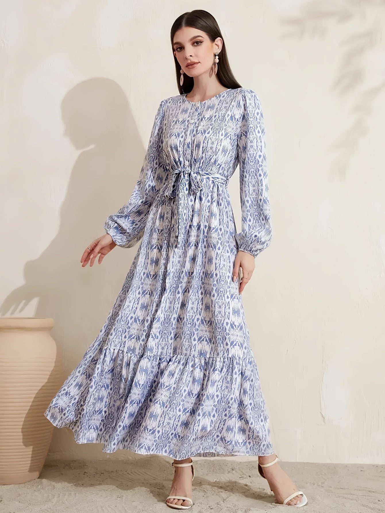 Women's Plus Geometric Print Lantern Sleeve Maxi Dress With Belt