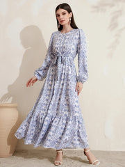 Women's Plus Geometric Print Lantern Sleeve Maxi Dress With Belt