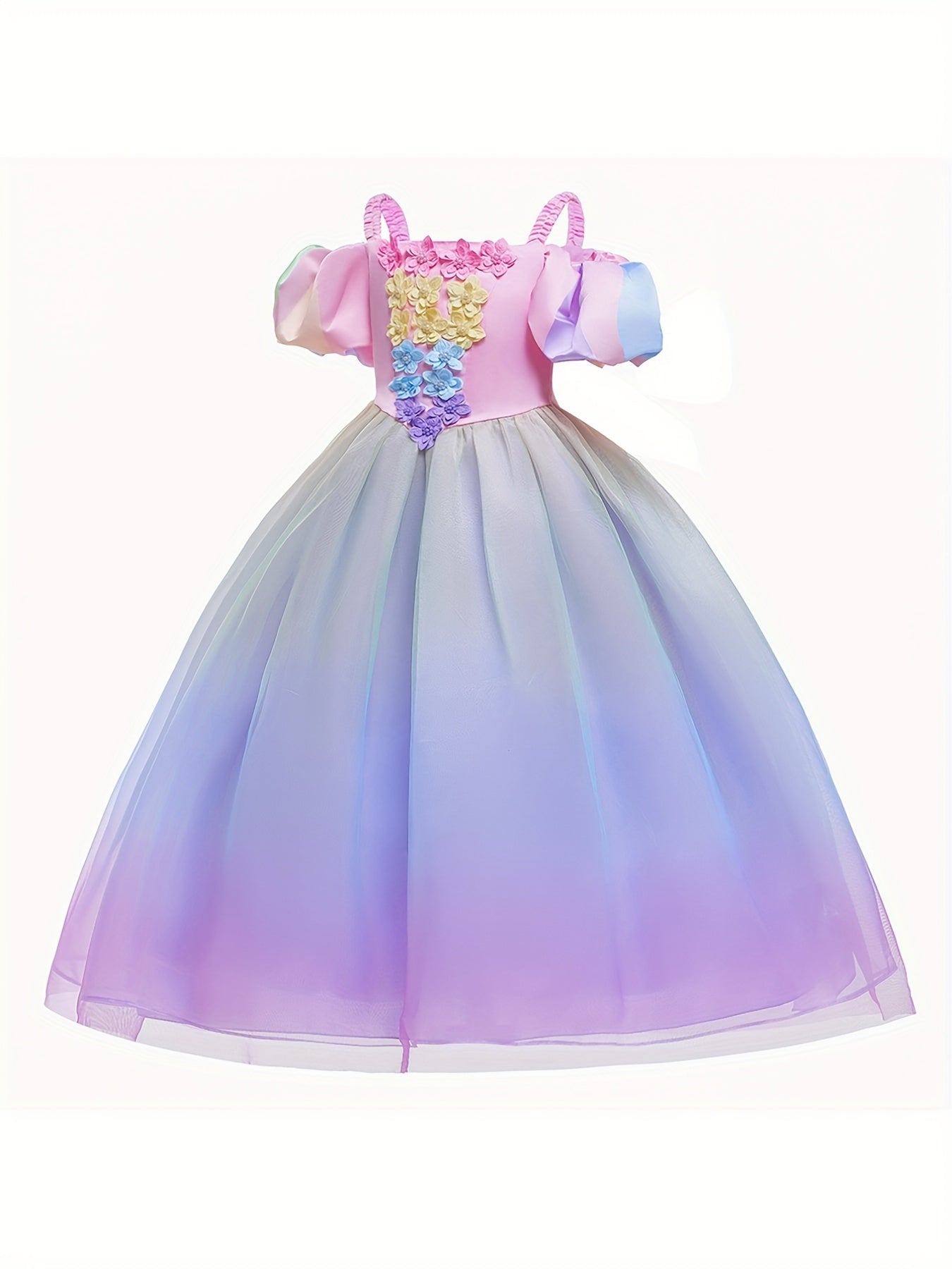 Girls Princess Dress Camisole Puff Sleeve Gradient Tulle Floral Decor