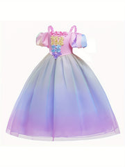 Girls Princess Dress Camisole Puff Sleeve Gradient Tulle Floral Decor