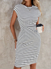  Stripe Print Bat Sleeve Round Neck Dress