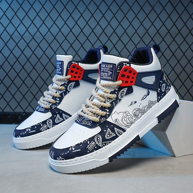 Men's Ocean Waves Print Lace-up Sneakers Skate Shoes