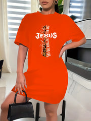 Women's Plus Leopard & Slogan Print Short Sleeve High Stretch Dress