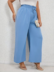  Solid Ruffle Trim Elastic Drawstring Wide Leg Pants