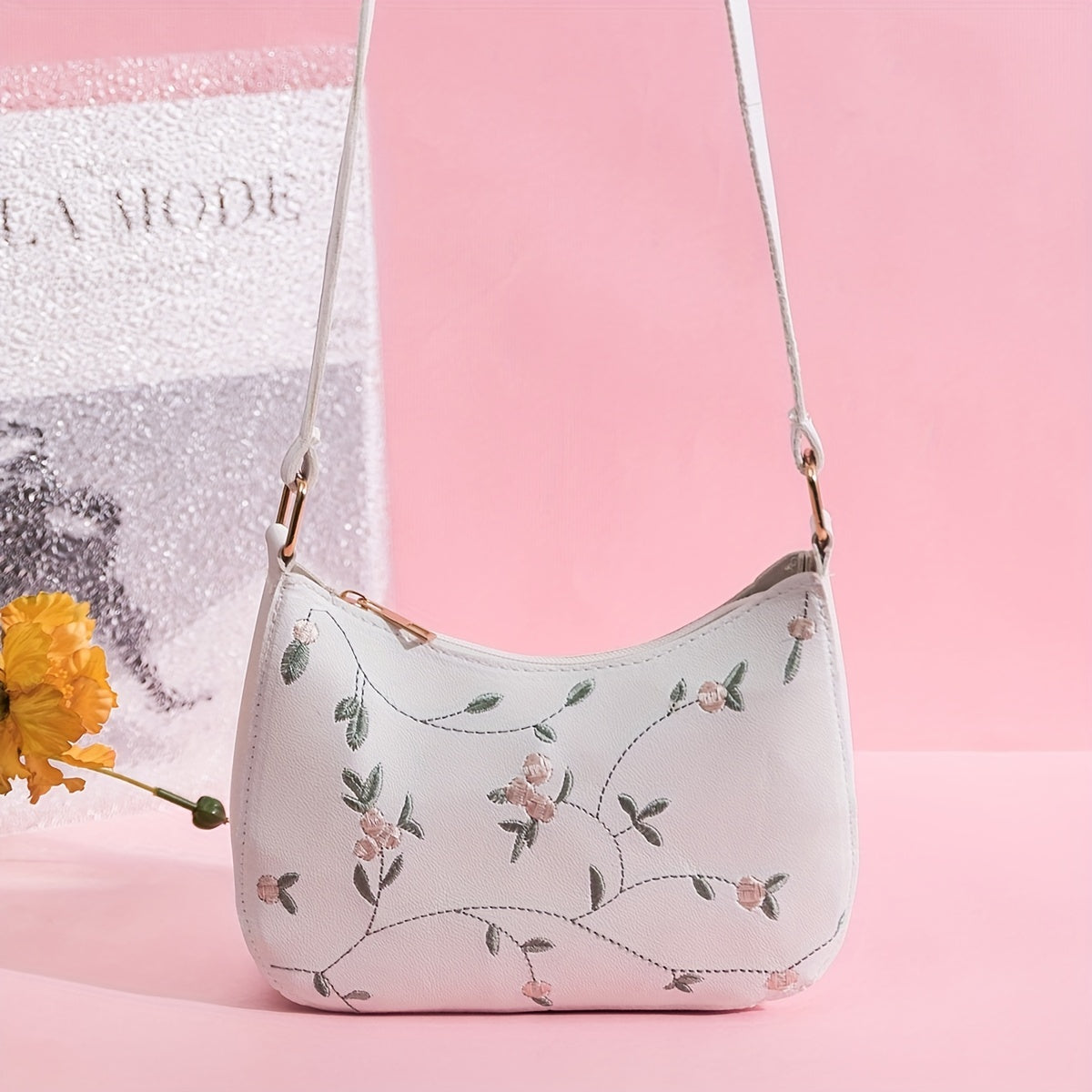 Flower Embroidered Shoulder Bag Zipper Stylish Baguette Bag