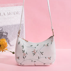 Flower Embroidered Shoulder Bag Zipper Stylish Baguette Bag