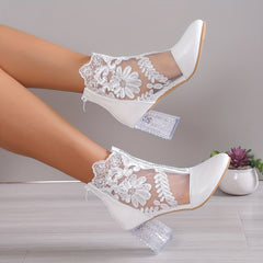Floral Print Lace Ankle Boots High Heel Shoes