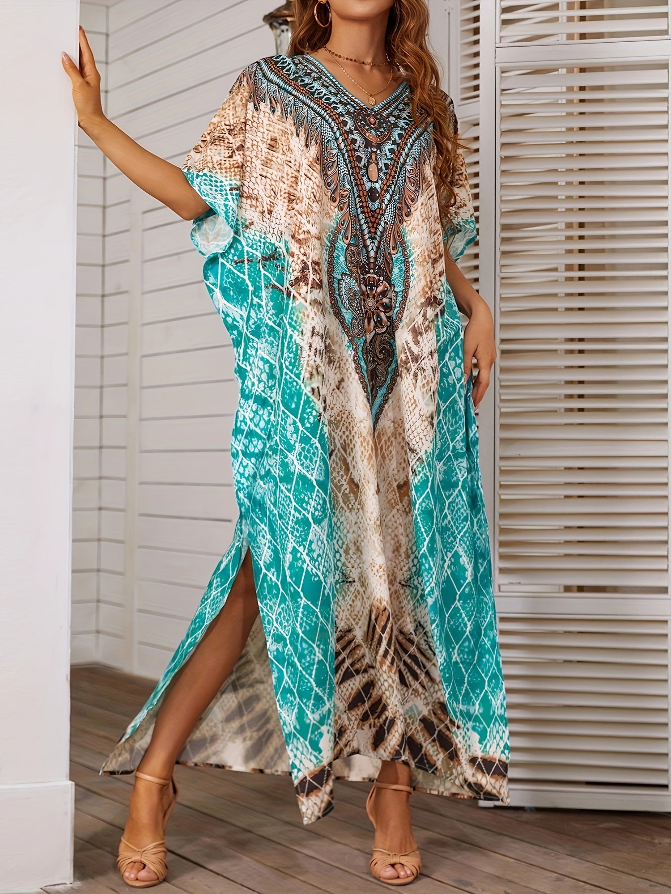  Tile Print Bat Sleeve V Neck Cover Up Dress