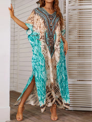  Tile Print Bat Sleeve V Neck Cover Up Dress