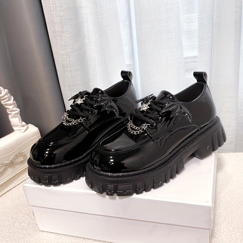 Women's Platform Loafers Chain Decor Lace Up Shoes