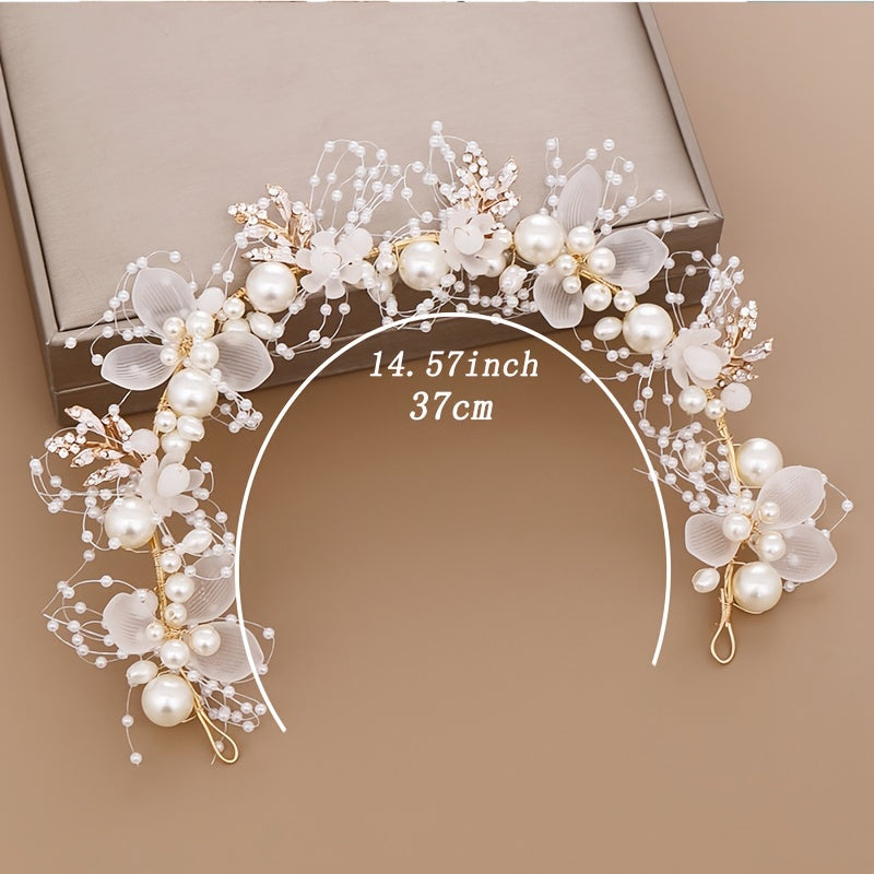 Girls Flower Headband with Faux Pearl Decoration for Wedding Party