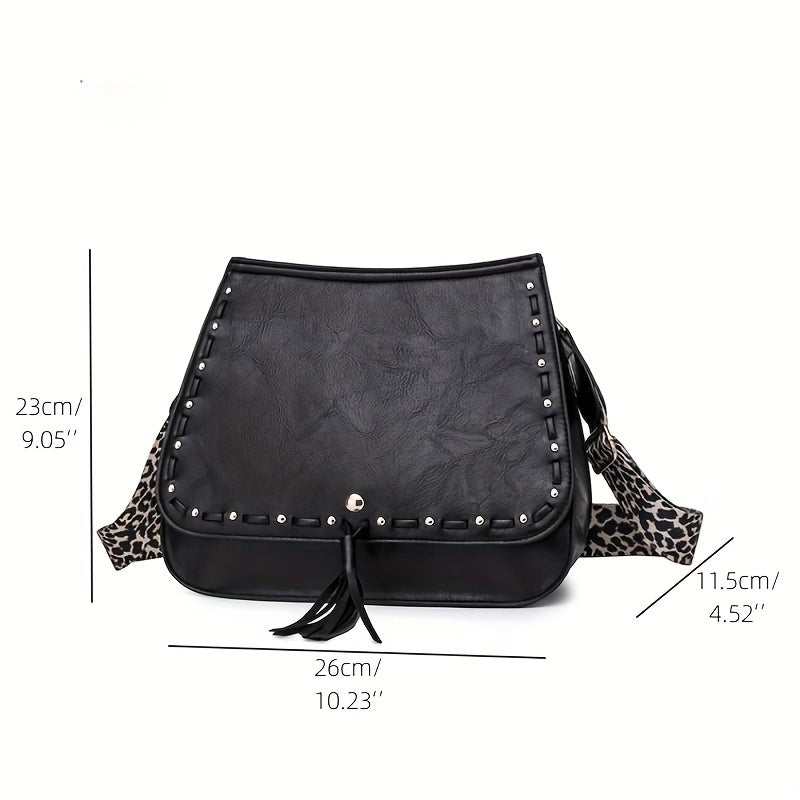 Leopard Strap Crossbody Bag Tassel Shoulder Bag Goth Studded Decor Purses