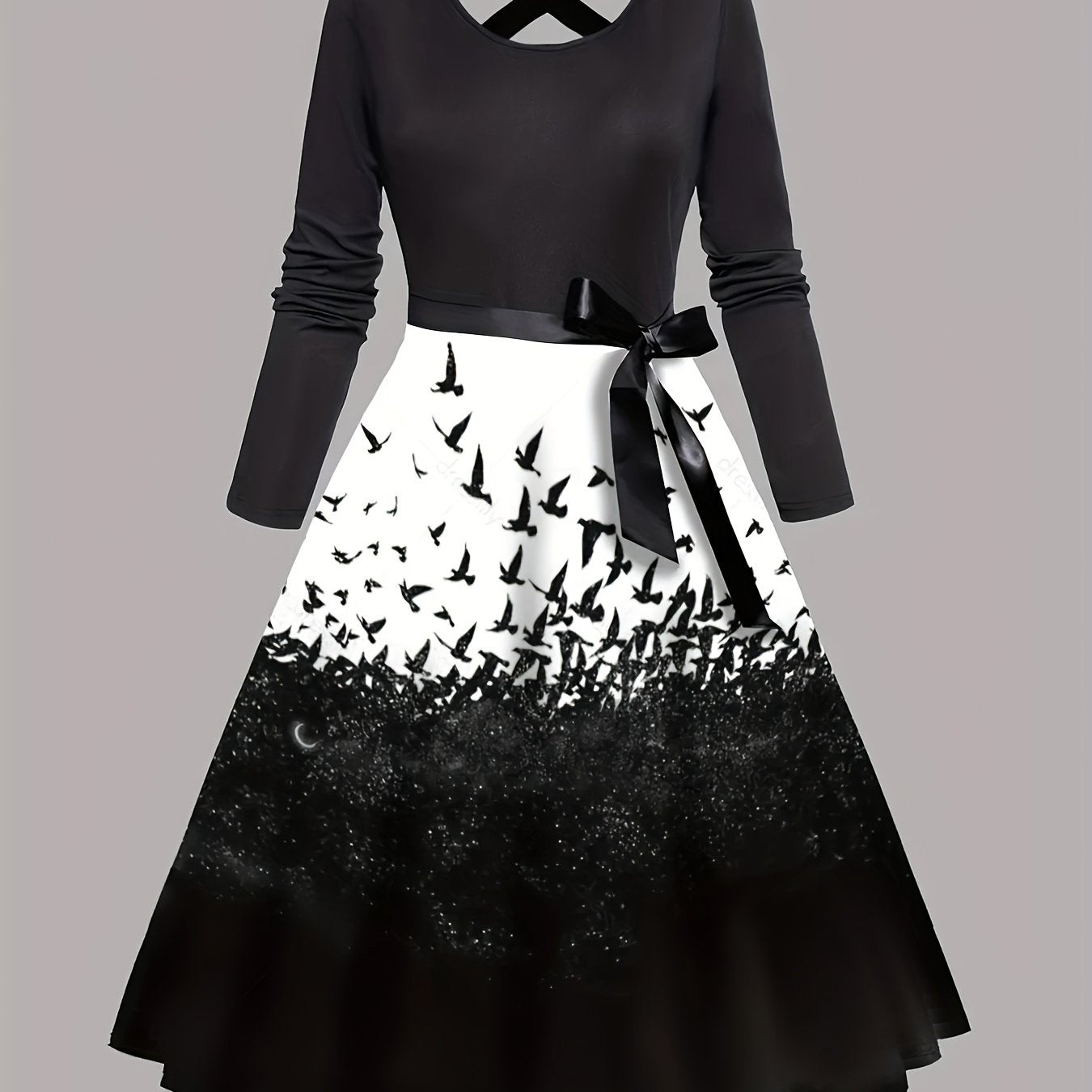  Colorblock Bird Print Long Sleeve Dress