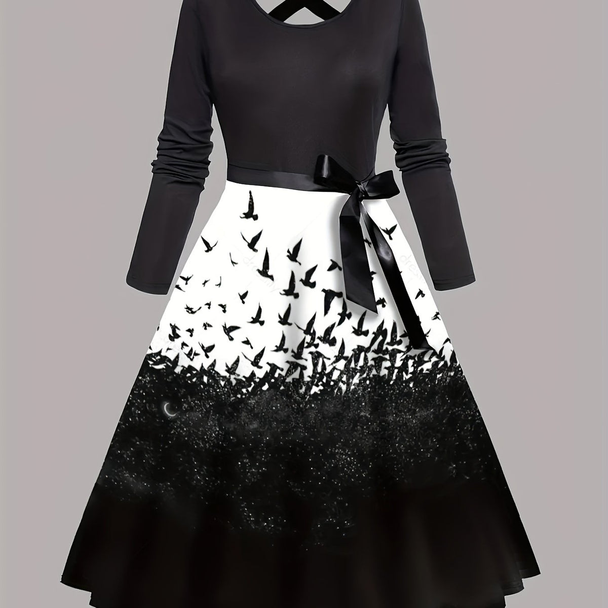  Colorblock Bird Print Long Sleeve Dress