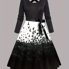  Colorblock Bird Print Long Sleeve Dress