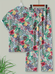 Floral Print Lounge Set Short Sleeve Buttons Top & Elastic Waistband Pants