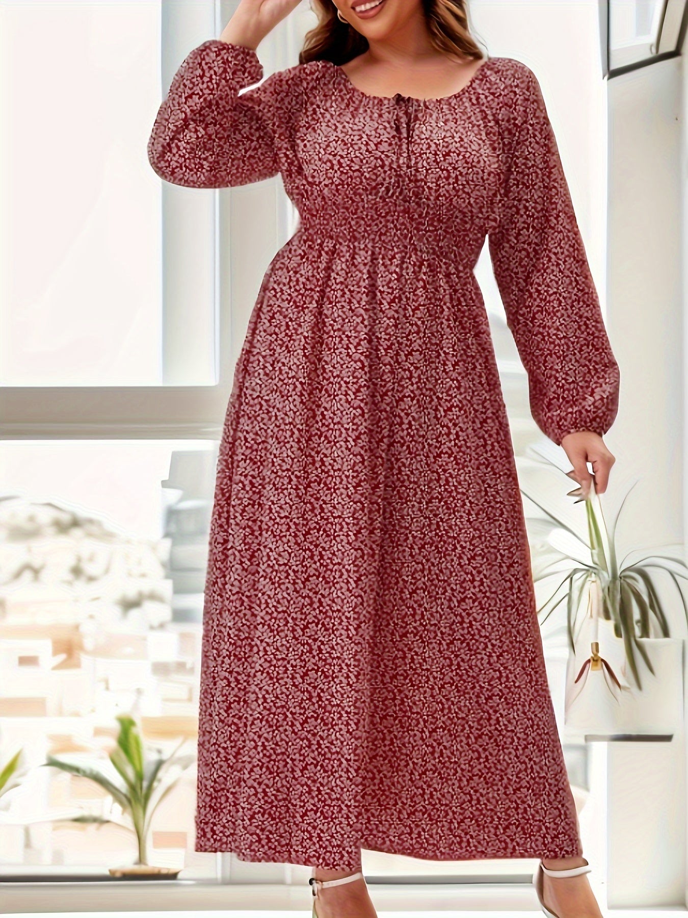  Casual Allover Print Long Sleeve Maxi Dress