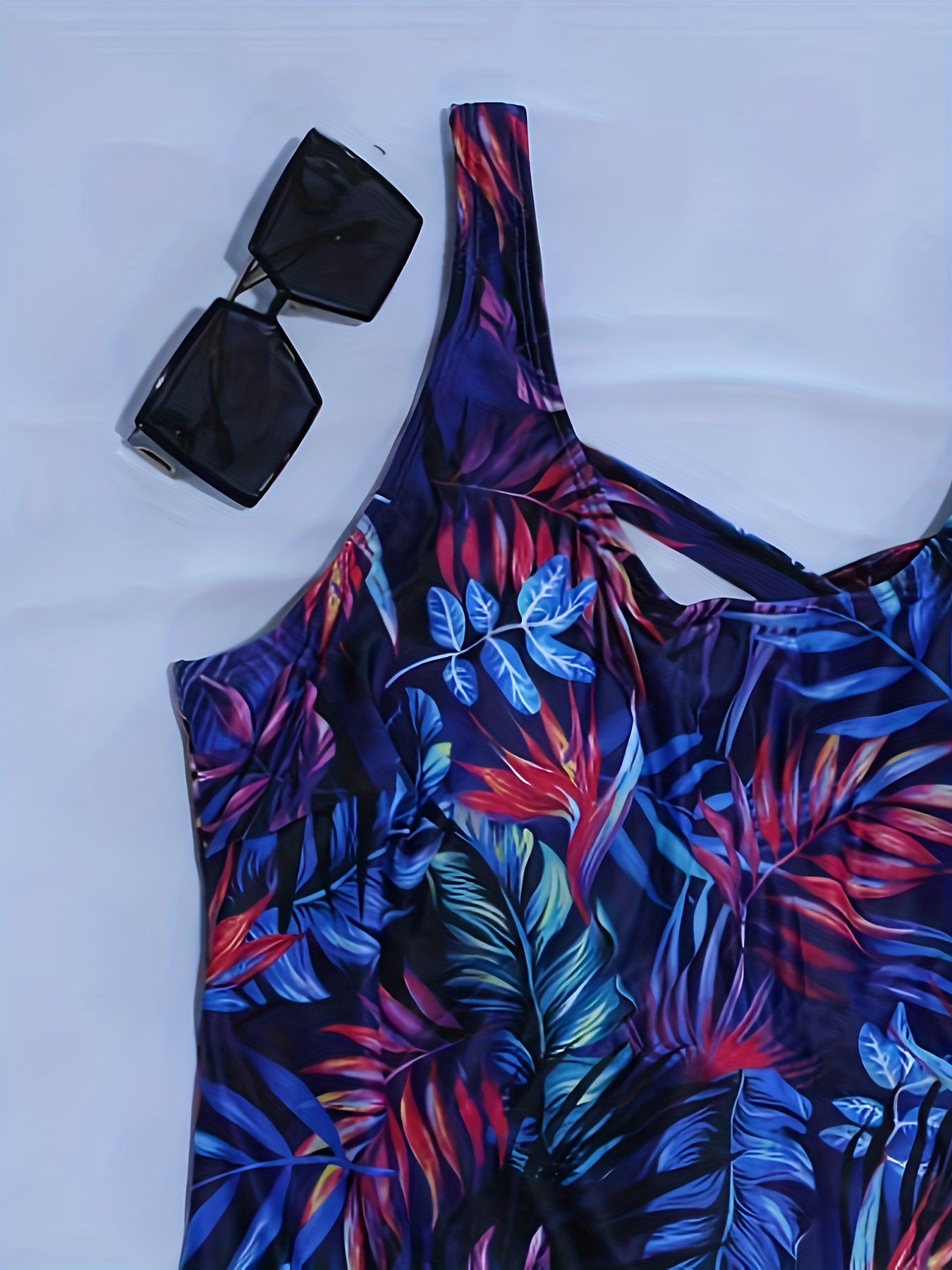  Boho Swimsuit Tropical Print Round Neck Tummy Control One Piece