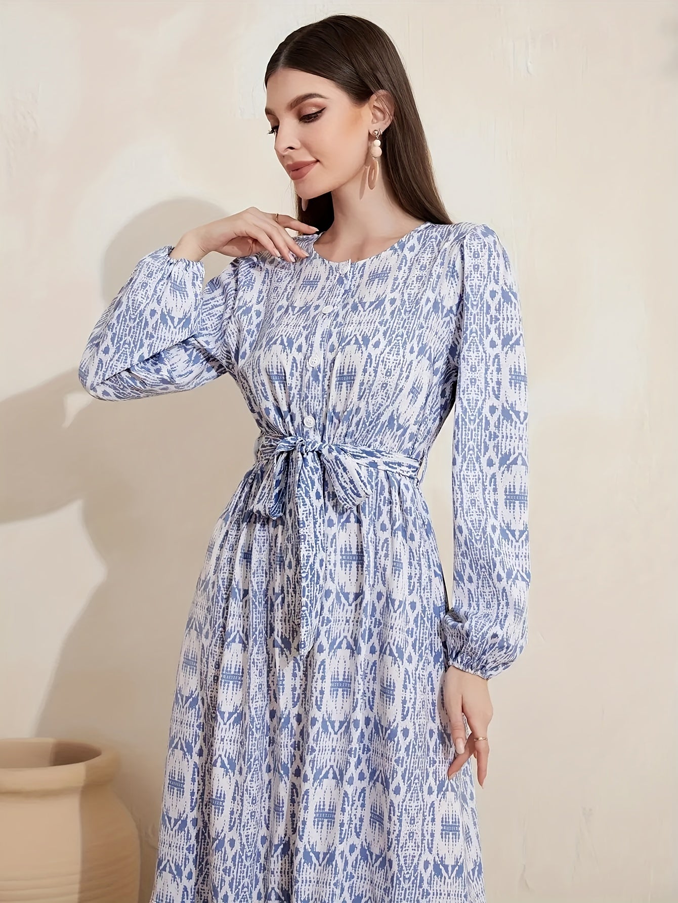 Women's Plus Geometric Print Lantern Sleeve Maxi Dress With Belt