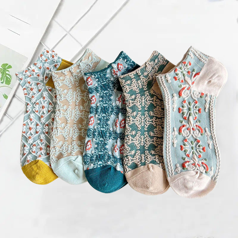 5 pairs Embroidery Socks Ethnic Flower Crew Socks Gift Tube Socks