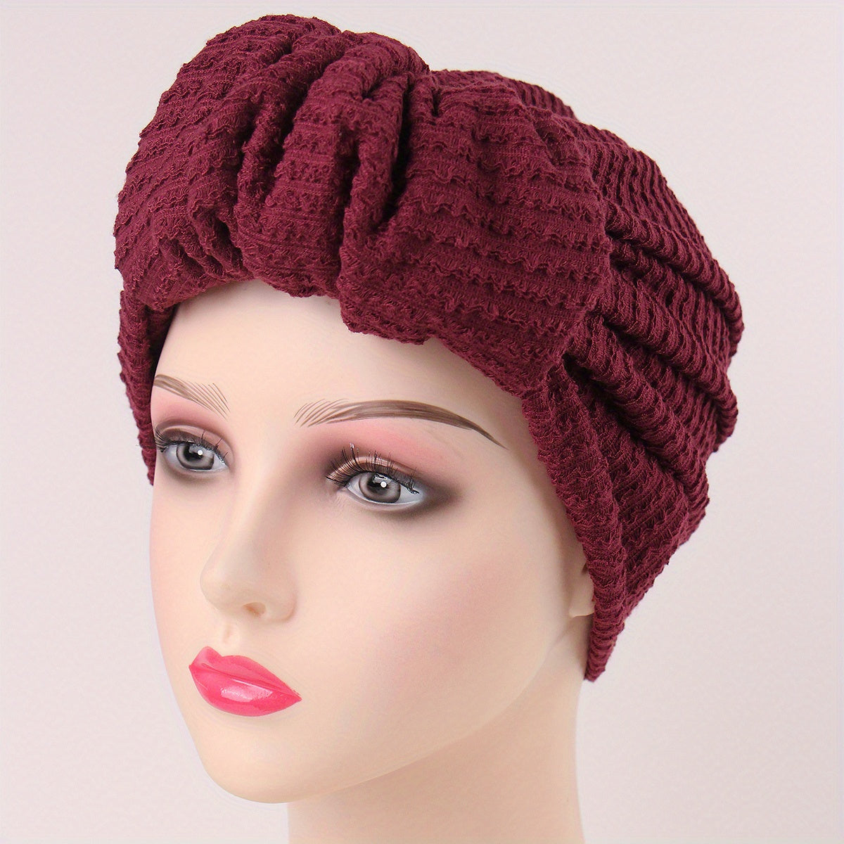 Pleated Pre-tied Turban Cap Embossed Head Wrap Solid Elastic Beanie Head Scarf