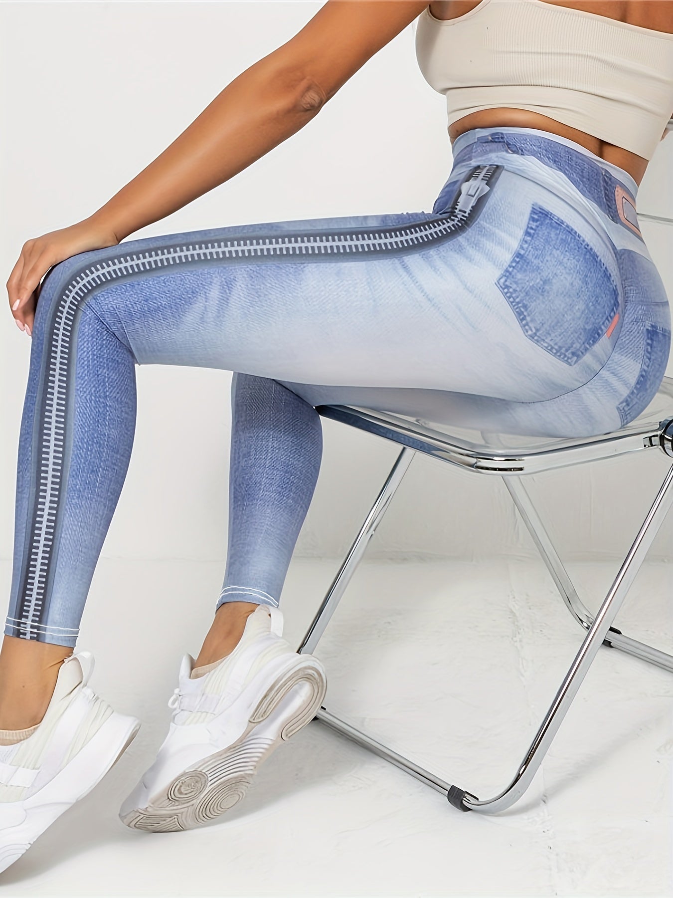 Denim Printed Slim Leggings High Waist Women's Clothing