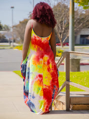  Tie Dye Print Colorblock Cami Dress With Pocket