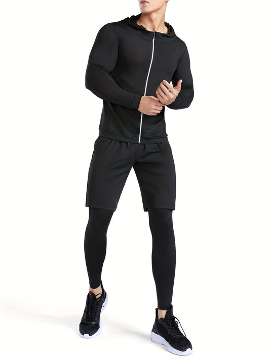 Men's Thermal Underwear Set Hooded Jacket T Shirt Shorts Leggings