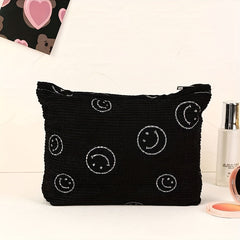 Smile Face Makeup Bag Large Capacity Corduroy Toiletry Organizer