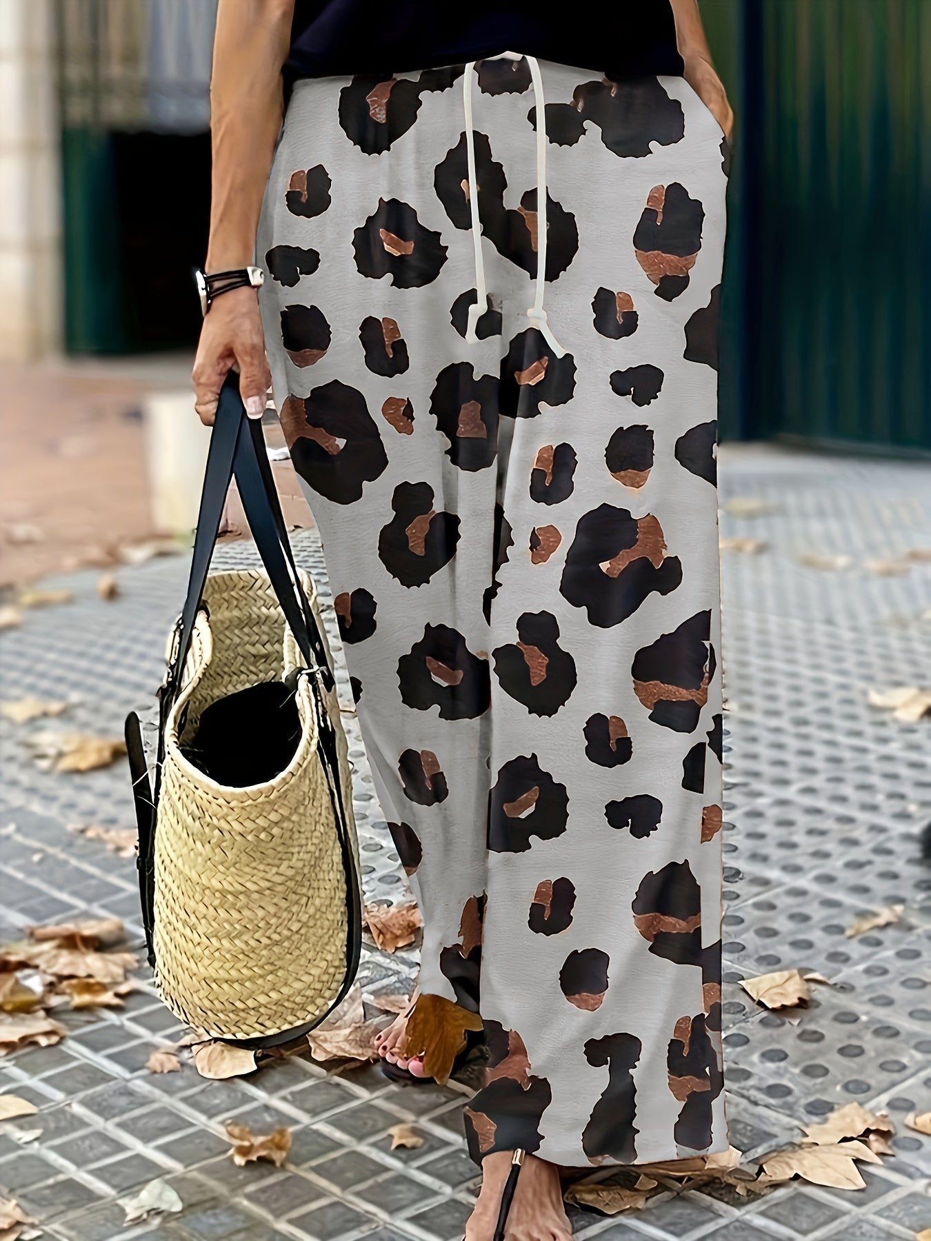  Leopard Print Drawstring Waist Wide Leg Trousers