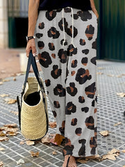  Leopard Print Drawstring Waist Wide Leg Trousers