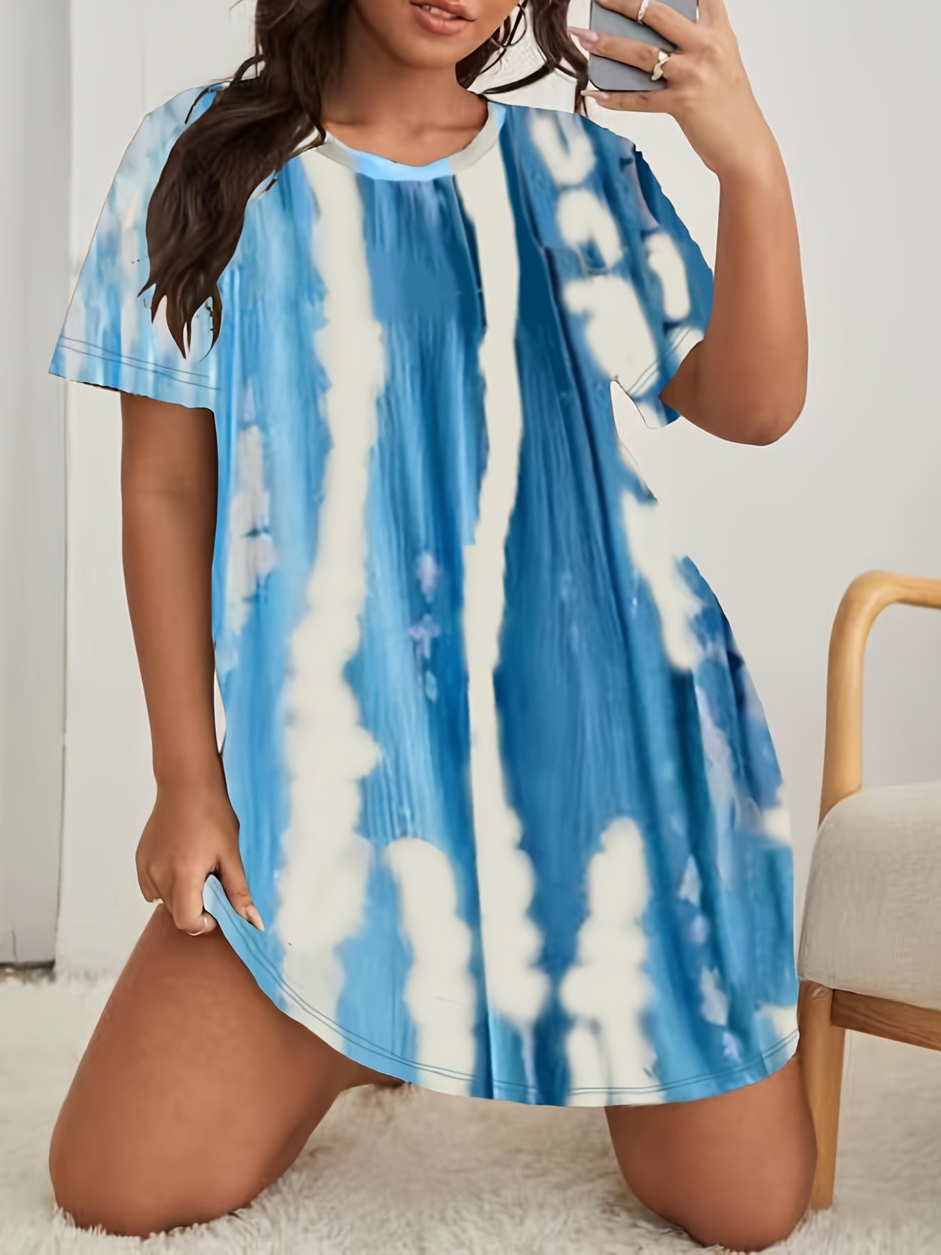  Tie Dye Print Lounge Dress Short Sleeve Round Neck Sleep Tee