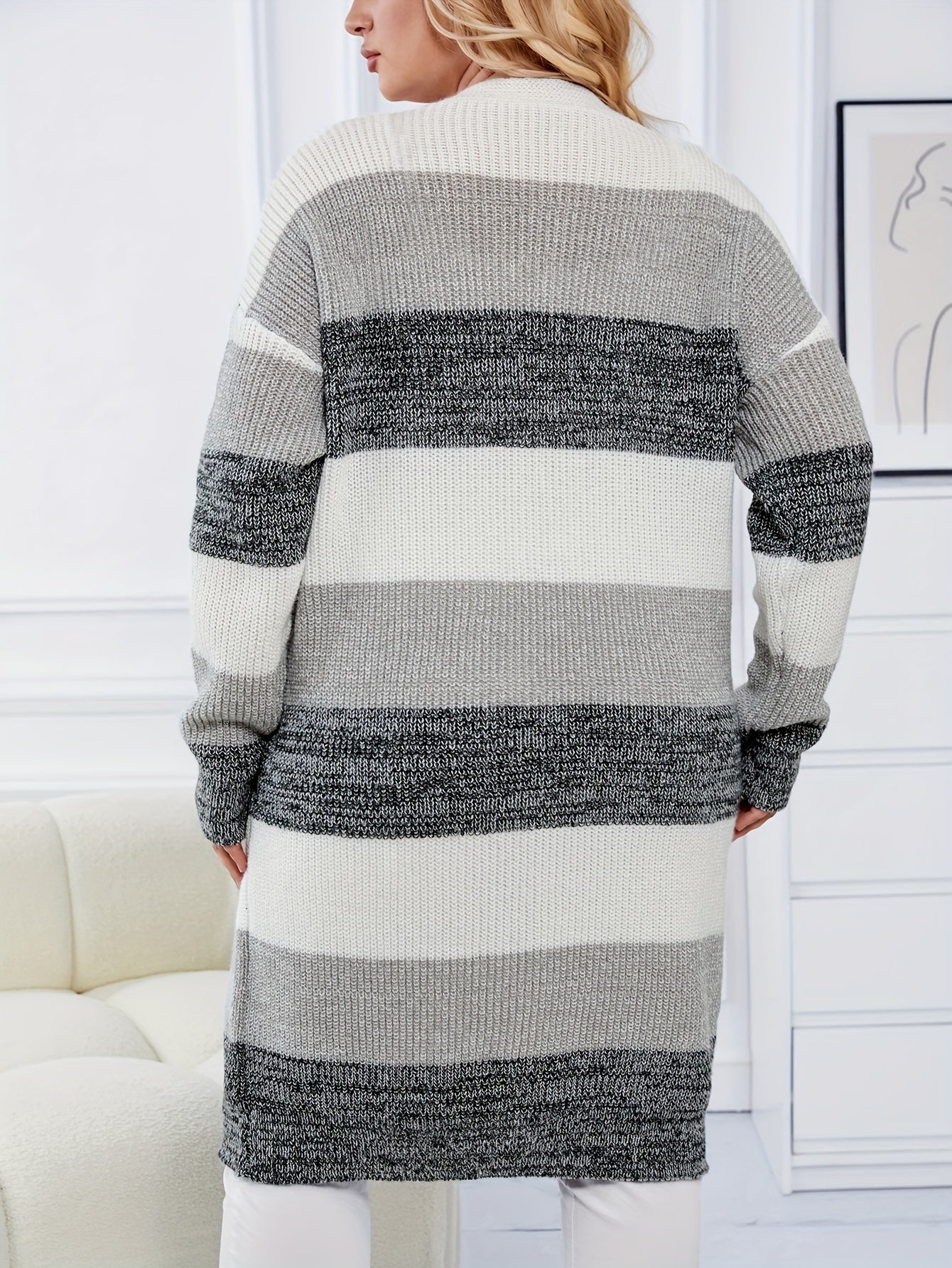  Colorblock Long Sleeve Open Front Cardigan