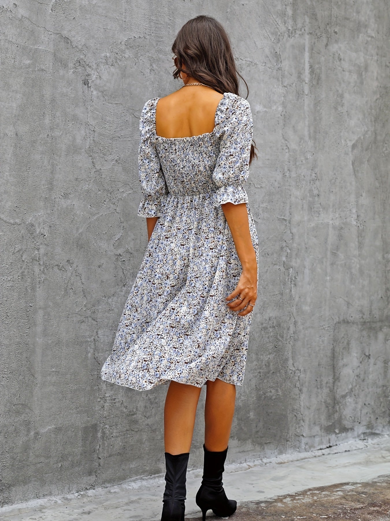 Floral Print Puff Sleeve Shirred Dress Square Neck - Resort Wear