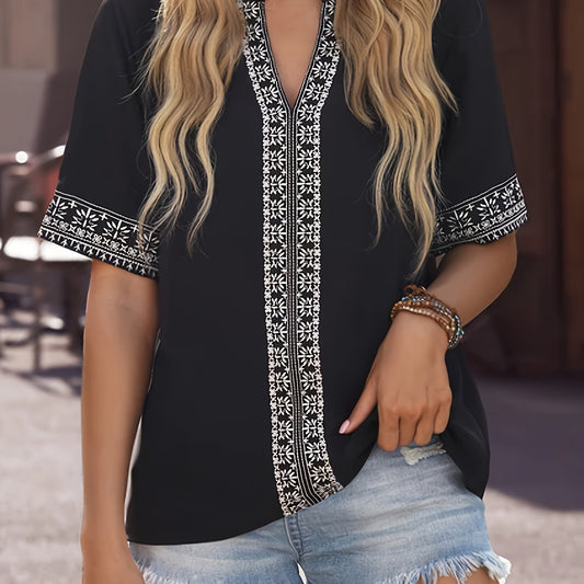  Floral Print Short Sleeve Notched Neck Top